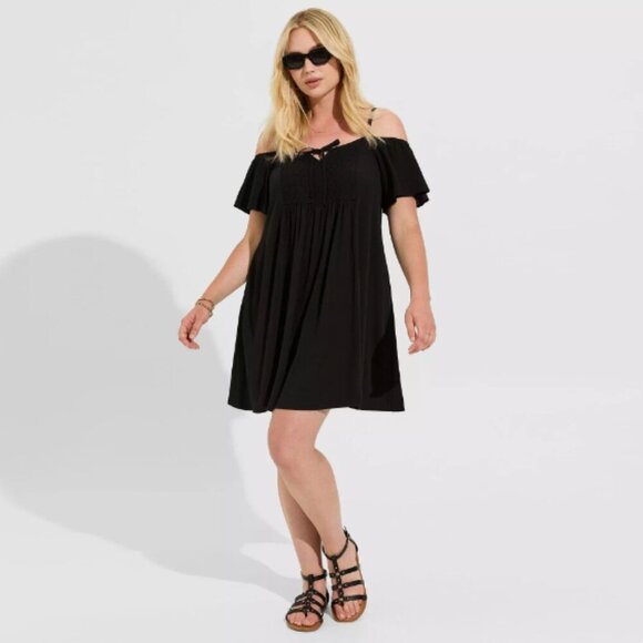 Torrid NWT Mini Gauze Cold Shoulder Trapeze Dress Black  Size L (0) - Picture 2 of 16